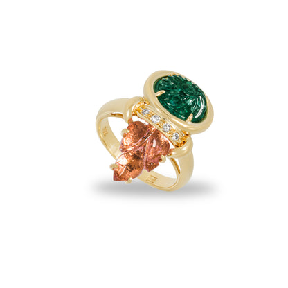 Yellow Gold Emerald Pink Tourmaline & Diamond Ring