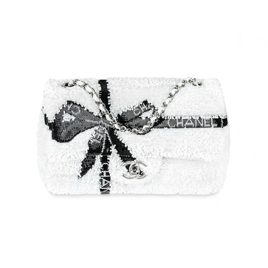 Chanel 24B White & Black Sequin Bow Mini Flap Silver Hardware Bag