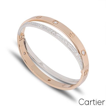 Cartier Rose & White Gold Diamond Pave Double Love Bracelet Size 17 N6039217