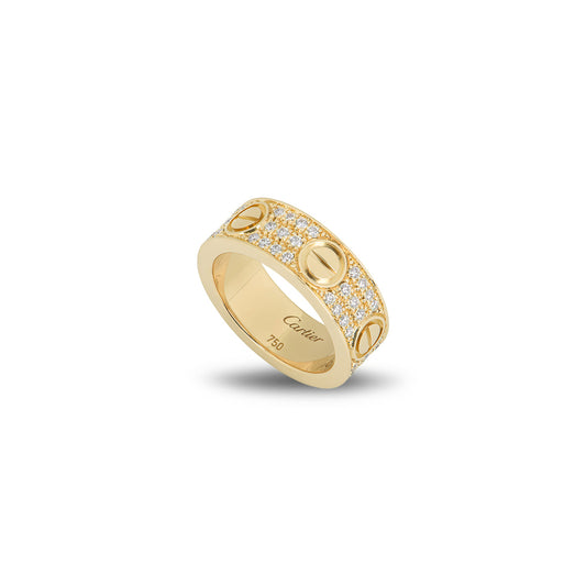 Cartier Yellow Gold Pave Diamond Love Ring Size 55