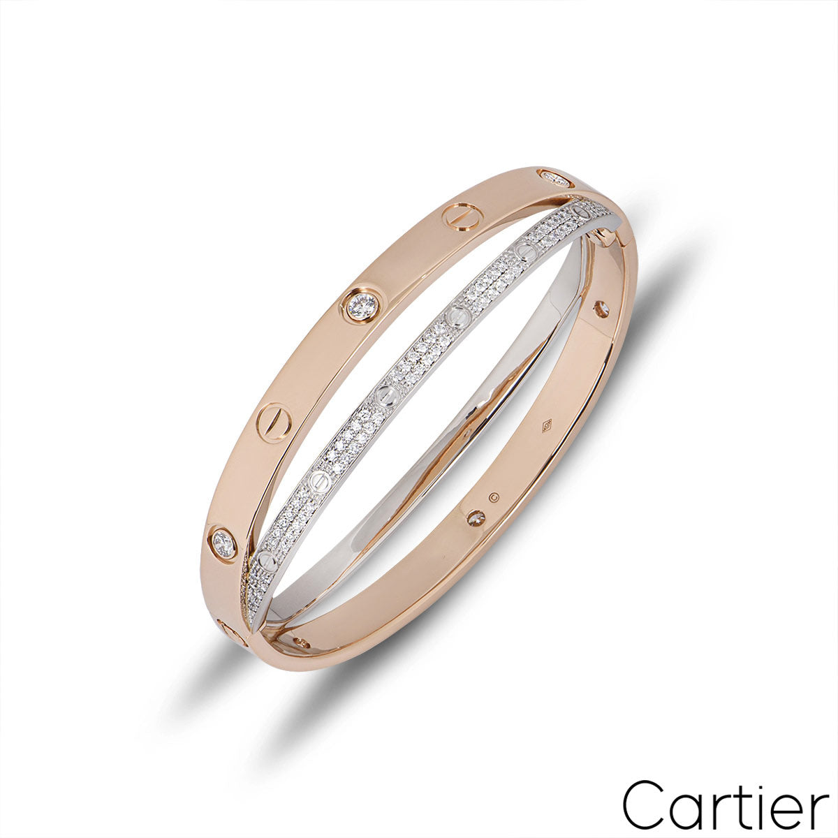 Cartier Rose & White Gold Diamond Pave Double Love Bracelet Size 17 N6039217