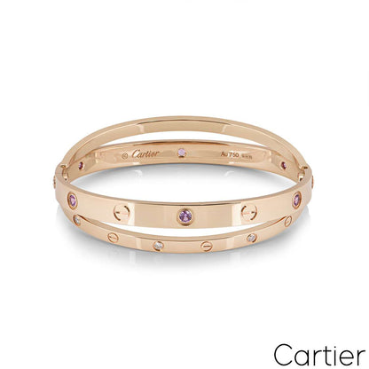 Cartier Rose Gold Half Diamond & Pink Sapphire Double Love Bracelet Size 18 N6705918