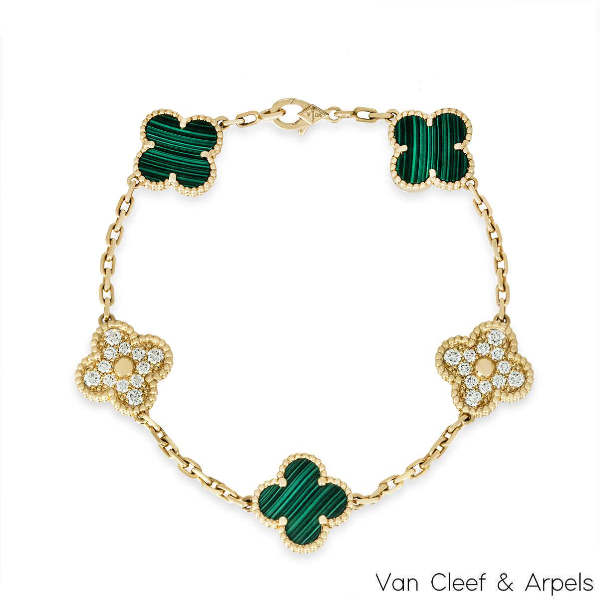 Van Cleef & Arpels Malachite & Diamond Vintage Alhambra 5 Motif Bracelet VCARO7GQ00