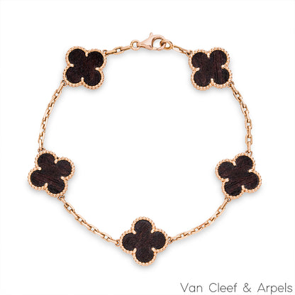 Van Cleef & Arpels Limited Edition Letterwood Vintage Alhambra 5 Motif Bracelet