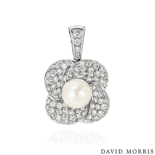 David Morris White Gold Diamond & Pearl Flower Pendant 1.54CT Tdw