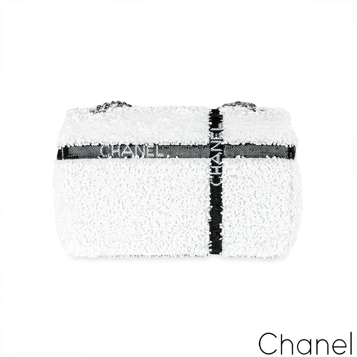 Chanel 24B White & Black Sequin Bow Mini Flap Silver Hardware Bag