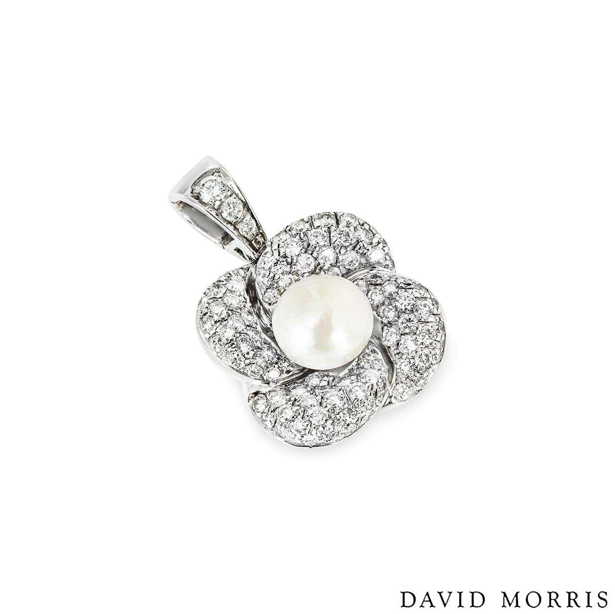 David Morris White Gold Diamond & Pearl Flower Pendant 1.54CT Tdw