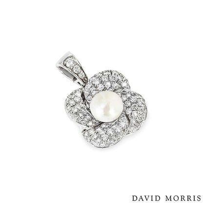 David Morris White Gold Diamond & Pearl Flower Pendant 1.54CT Tdw