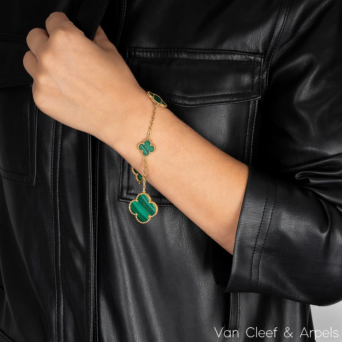 Van Cleef & Arpels Yellow Gold Malachite Magic Alhambra 5 Motif Bracelet VCAO3AU00