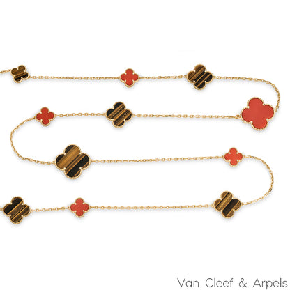 Van Cleef & Arpels Yellow Gold Carnelian & Tiger Eye Magic Alhambra 16 Motif Necklace VCARN5JO00