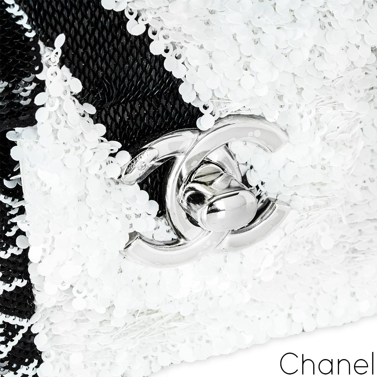 Chanel 24B White & Black Sequin Bow Mini Flap Silver Hardware Bag