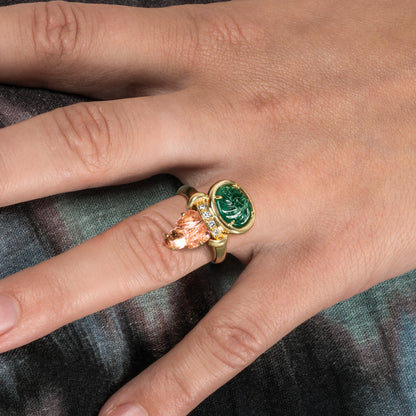 Yellow Gold Emerald Pink Tourmaline & Diamond Ring