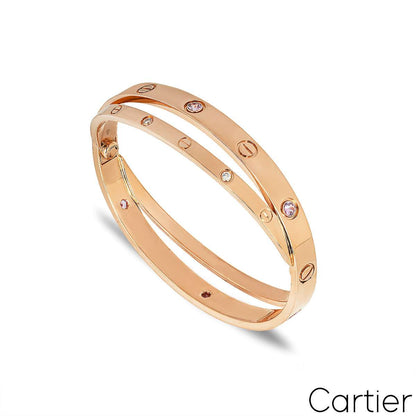 Cartier Rose Gold Half Diamond & Pink Sapphire Double Love Bracelet Size 17 N6705917