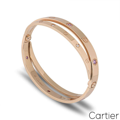 Cartier Rose Gold Half Diamond & Pink Sapphire Double Love Bracelet Size 17 N6705917