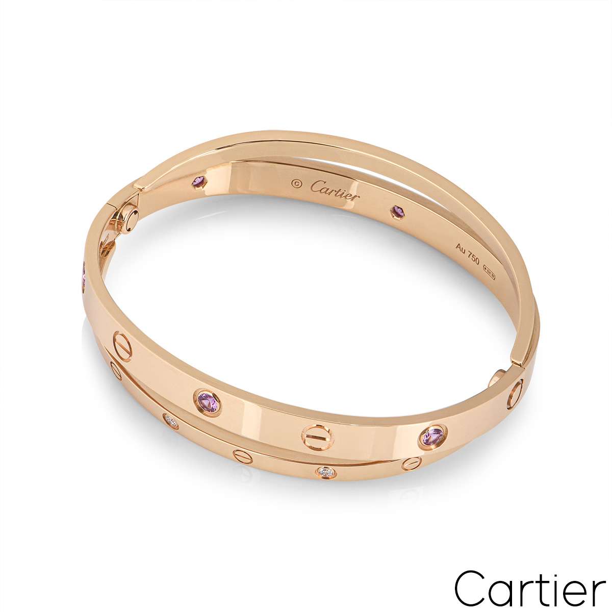 Cartier Rose Gold Half Diamond & Pink Sapphire Double Love Bracelet Size 18 N6705918