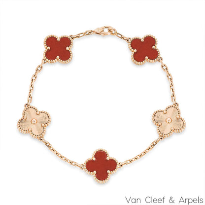 Van Cleef & Arpels Rose Gold Carnelian Guilloche Vintage Alhambra Bracelet VCARP7RP00