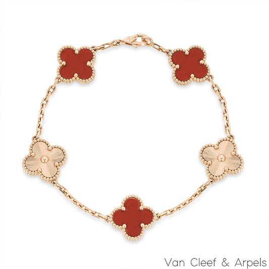 Van Cleef & Arpels Rose Gold Carnelian Guilloche Vintage Alhambra Bracelet VCARP7RP00