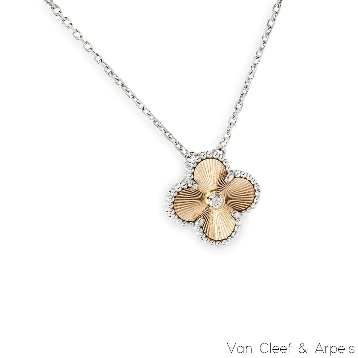 Van Cleef & Arpels Limited Edition 2024 White & Rose Gold Guilloche Diamond Vintage Alhambra Holiday Pendant VCARPNTH00