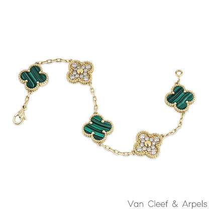 Van Cleef & Arpels Malachite & Diamond Vintage Alhambra 5 Motif Bracelet VCARO7GQ00