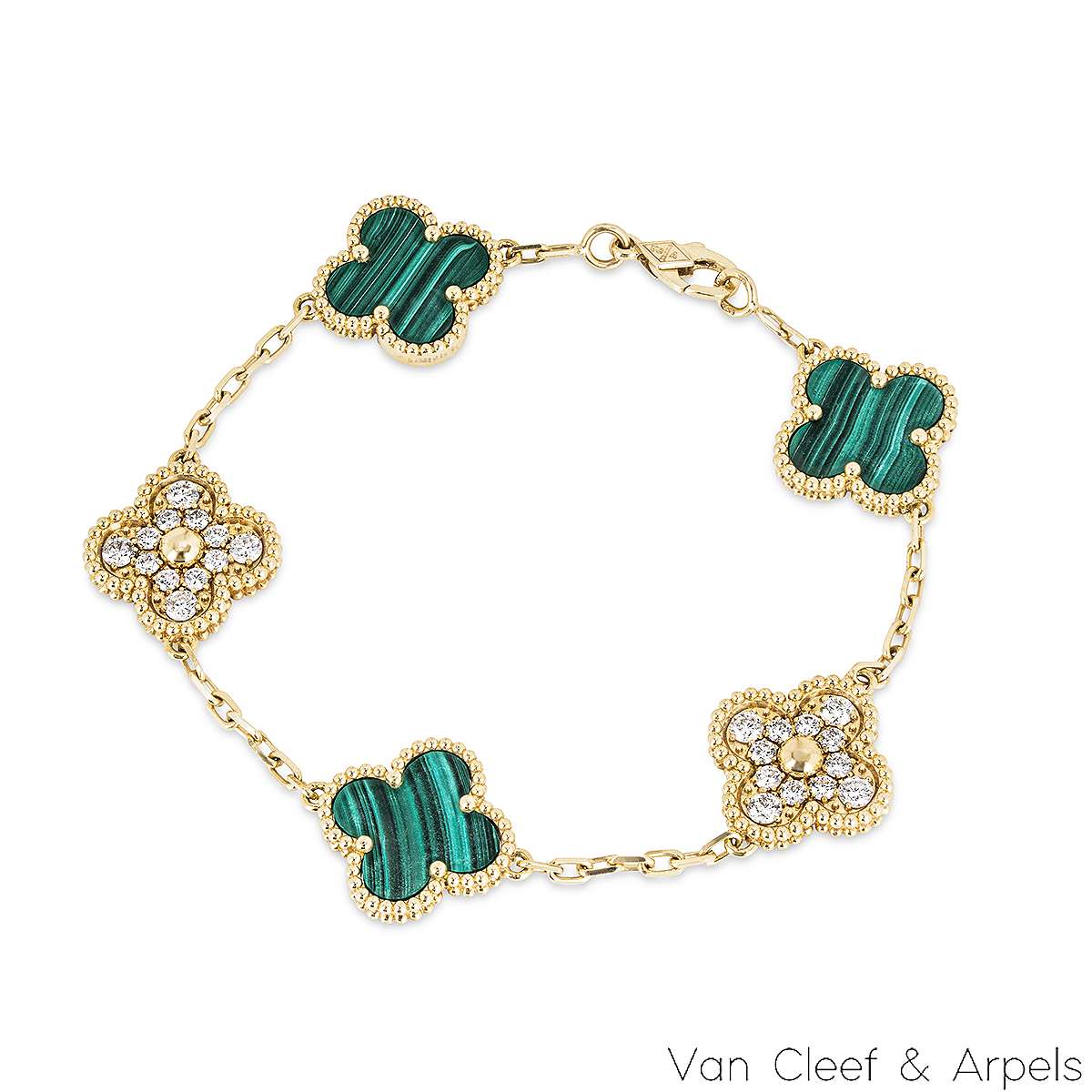 Van Cleef & Arpels Malachite & Diamond Vintage Alhambra 5 Motif Bracelet VCARO7GQ00