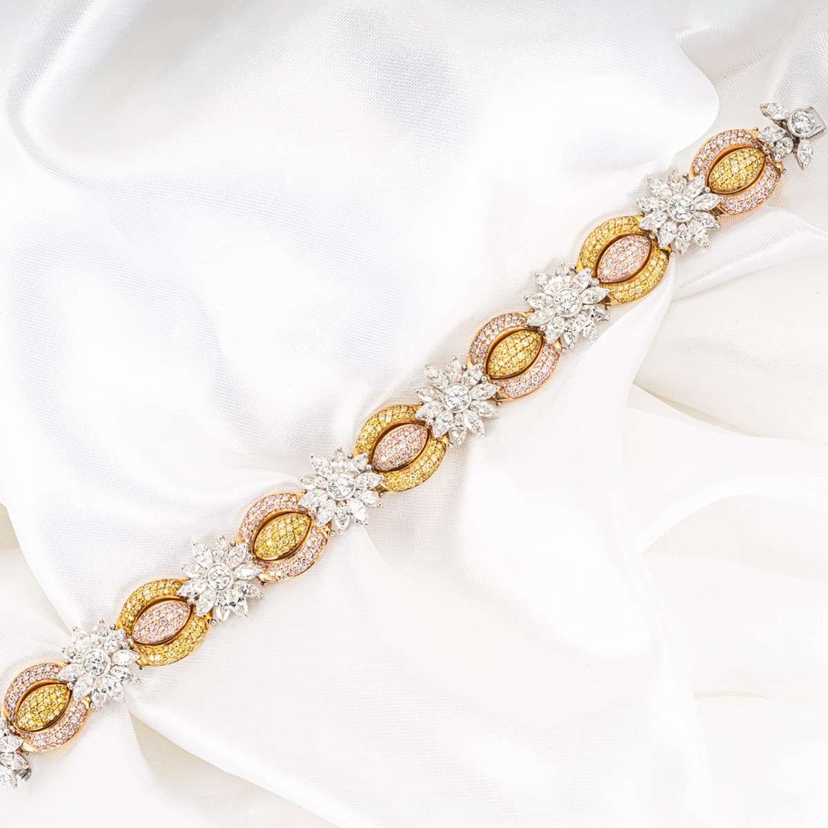 Tri-Colour Gold Fancy Yellow Natural Pink & White Diamond Bracelet