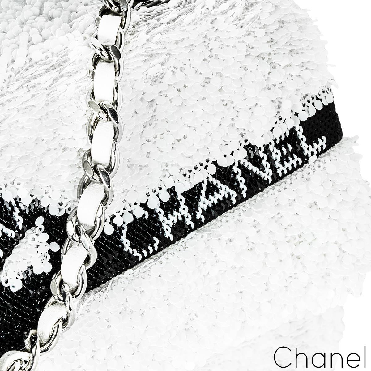 Chanel 24B White & Black Sequin Bow Mini Flap Silver Hardware Bag