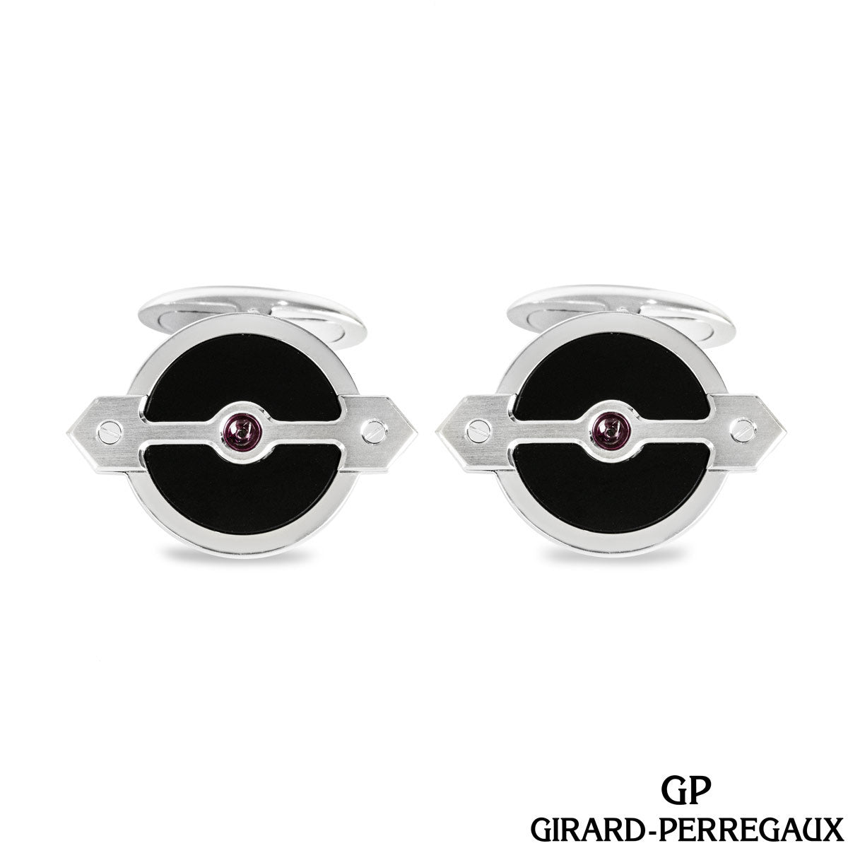 Girard Perregaux White Gold Onyx & Ruby Set Golden Bridge Cufflinks