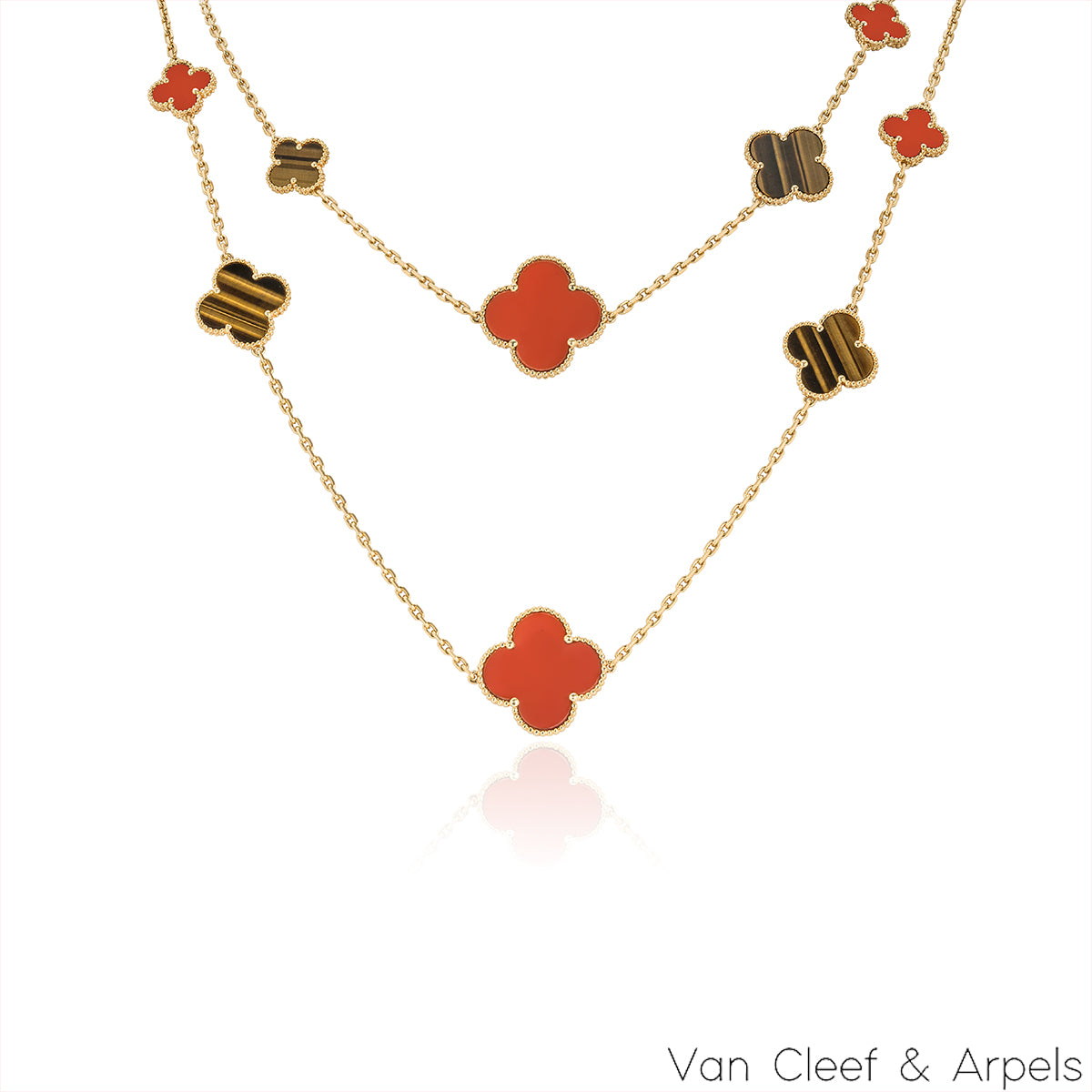 Van Cleef & Arpels Yellow Gold Carnelian & Tiger Eye Magic Alhambra 16 Motif Necklace VCARN5JO00