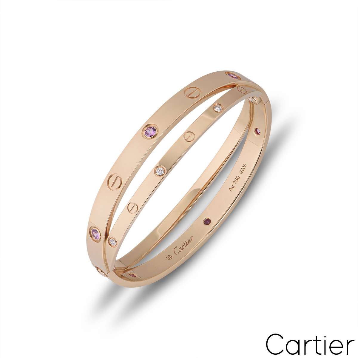 Cartier Rose Gold Half Diamond & Pink Sapphire Double Love Bracelet Size 17 N6705917