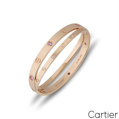 Cartier Rose Gold Half Diamond & Pink Sapphire Double Love Bracelet Size 17 N6705917