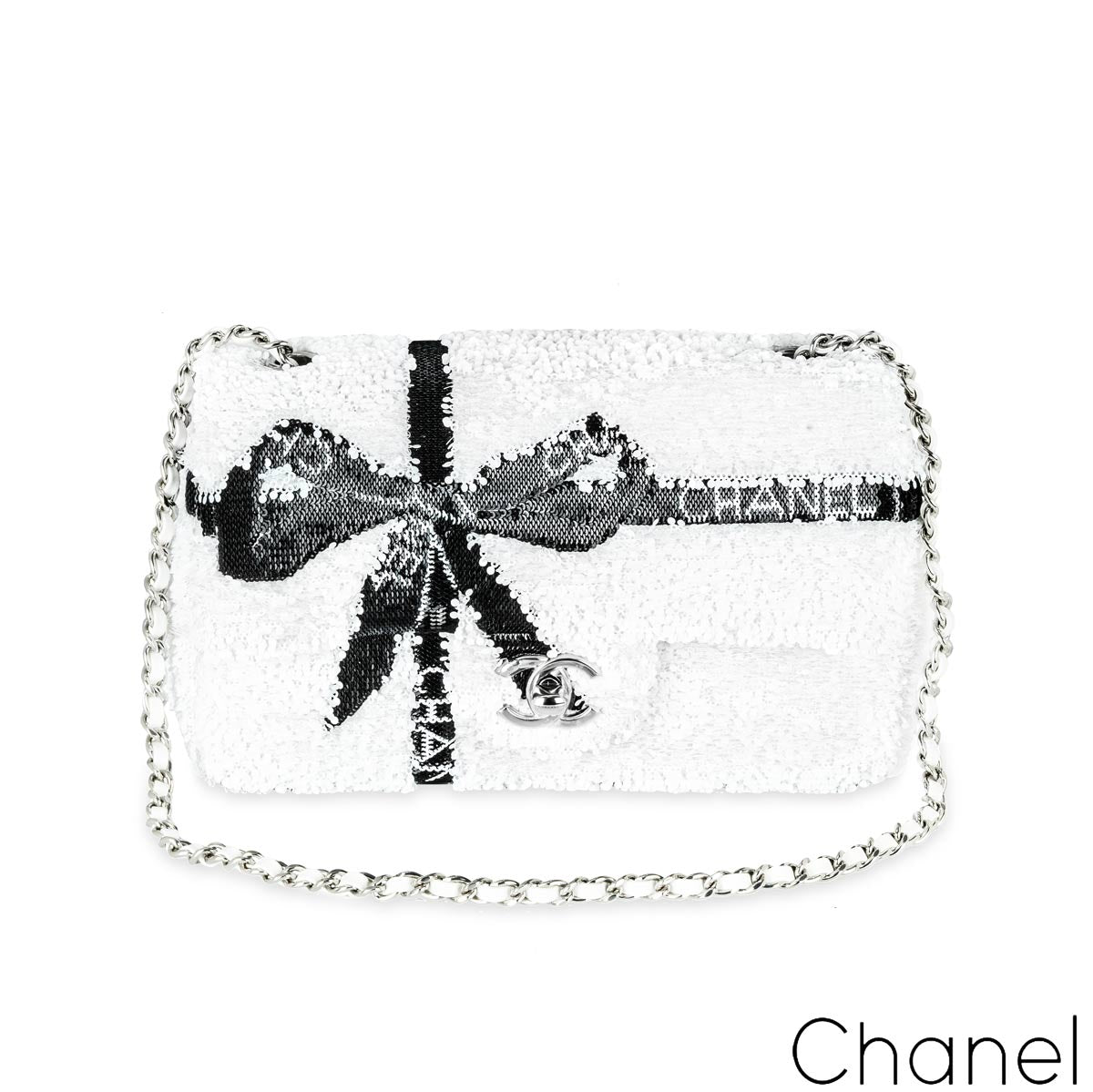 Chanel 24B White & Black Sequin Bow Mini Flap Silver Hardware Bag