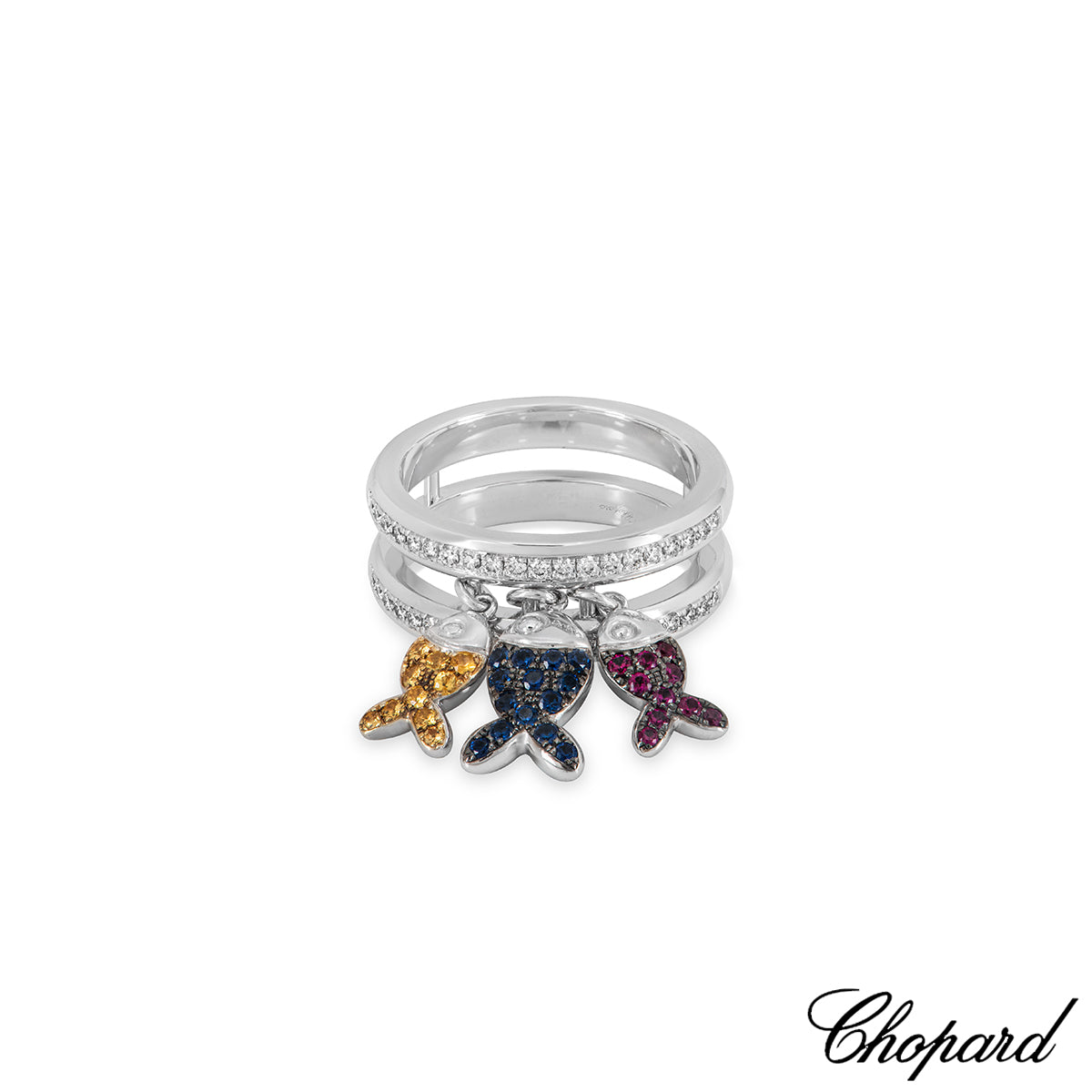 Chopard White Gold Diamond Ruby & Sapphire Fish Ring 82/4702-1002