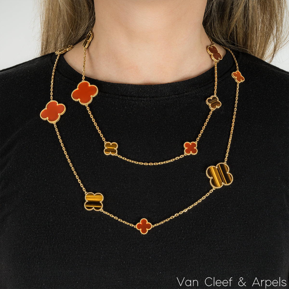 Van Cleef & Arpels Yellow Gold Carnelian & Tiger Eye Magic Alhambra 16 Motif Necklace VCARN5JO00