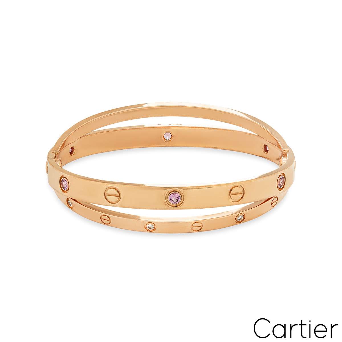 Cartier Rose Gold Half Diamond & Pink Sapphire Double Love Bracelet Size 17 N6705917