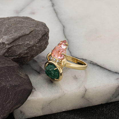 Yellow Gold Emerald Pink Tourmaline & Diamond Ring