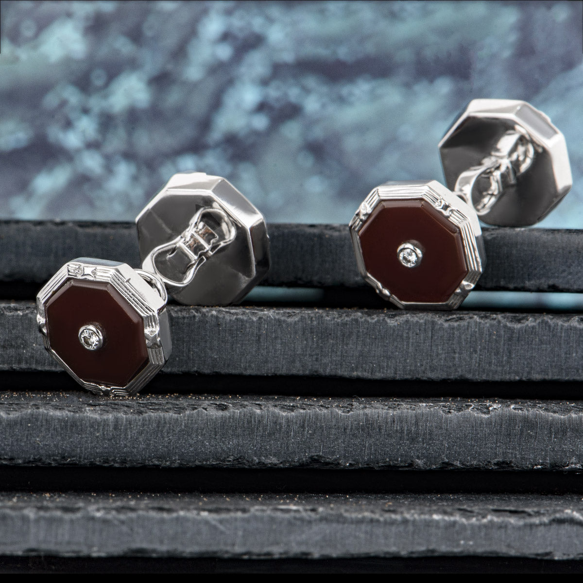 White Gold Red Onyx & Diamond Cufflinks