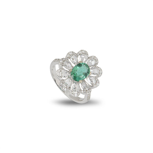 White Gold Emerald And Diamond Flower Ring