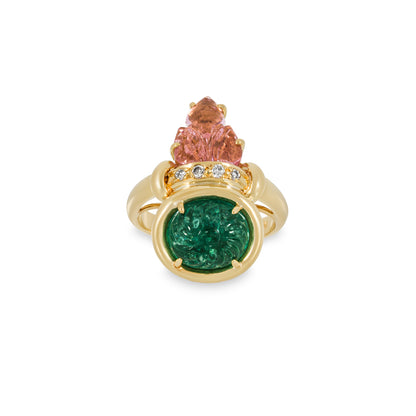 Yellow Gold Emerald Pink Tourmaline & Diamond Ring