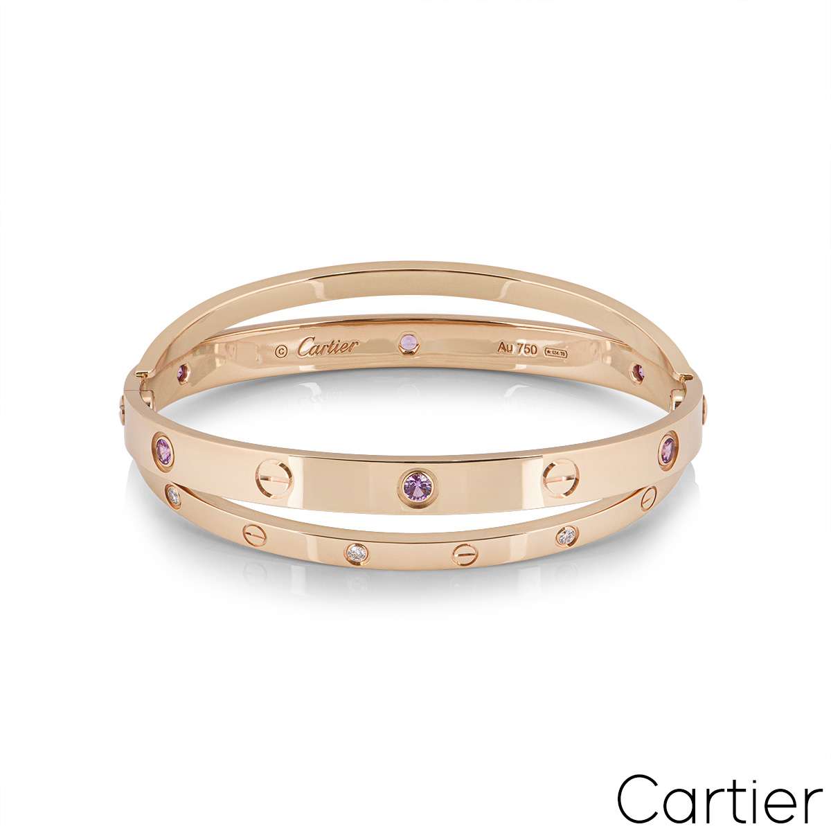 Cartier Rose Gold Half Diamond & Pink Sapphire Double Love Bracelet Size 17 N6705917