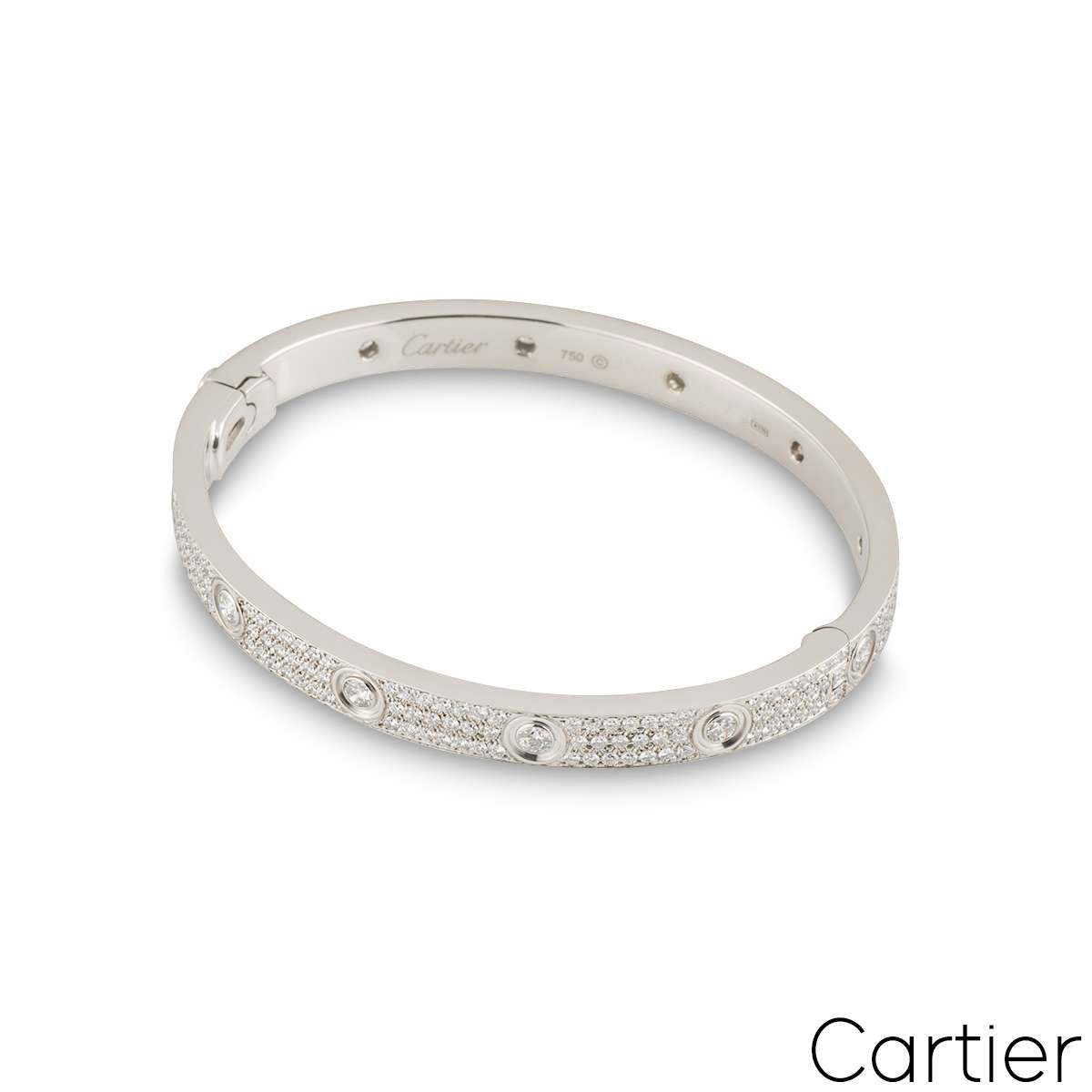 Cartier White Gold Pave Diamond Love Bracelet Size 18 N6033603