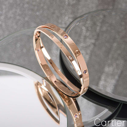 Cartier Rose Gold Half Diamond & Pink Sapphire Double Love Bracelet Size 18 N6705918