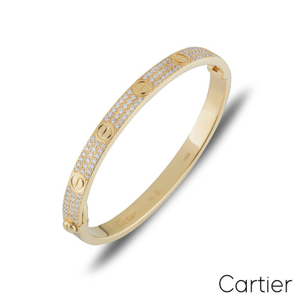 Cartier Yellow Gold Pave Diamond Love Bracelet Size 18 N6035018