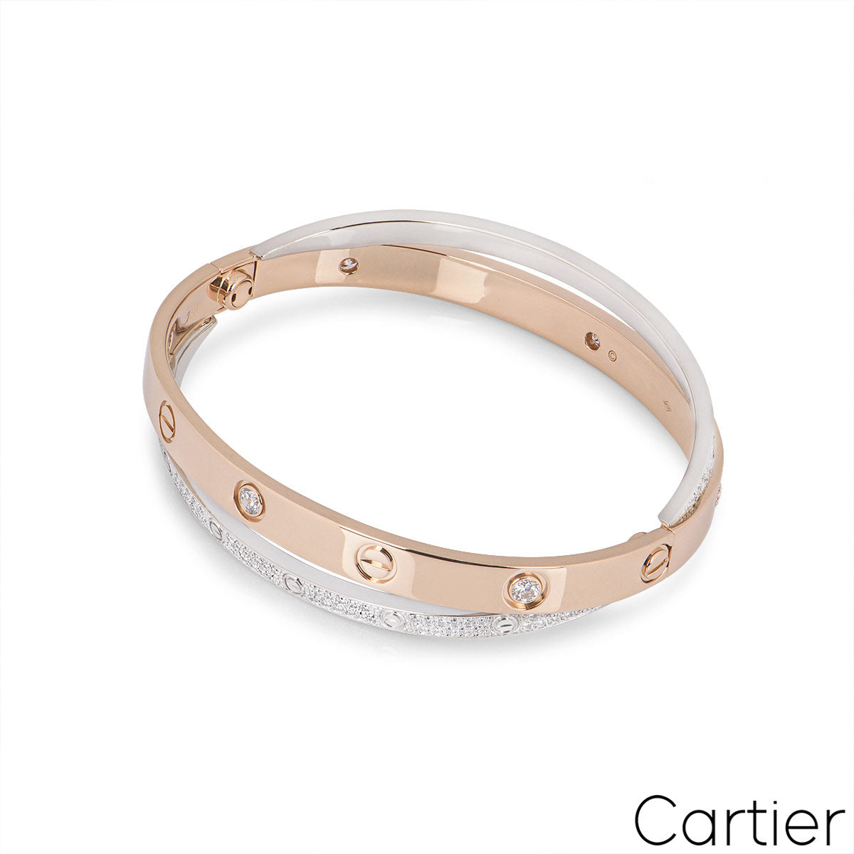 Cartier Rose & White Gold Diamond Pave Double Love Bracelet Size 17 N6039217