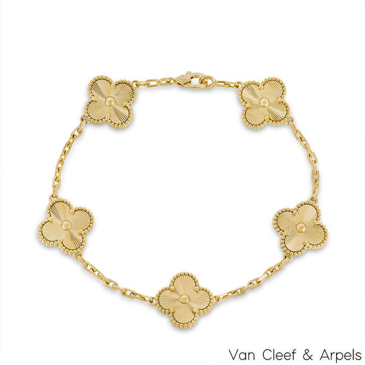 Van Cleef & Arpels Yellow Gold Guilloche Vintage Alhambra 5 Motif Bracelet VCARP3JK00