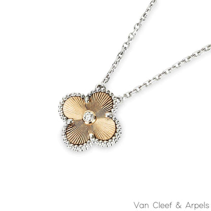 Van Cleef & Arpels Limited Edition 2024 White & Rose Gold Guilloche Diamond Vintage Alhambra Holiday Pendant VCARPNTH00