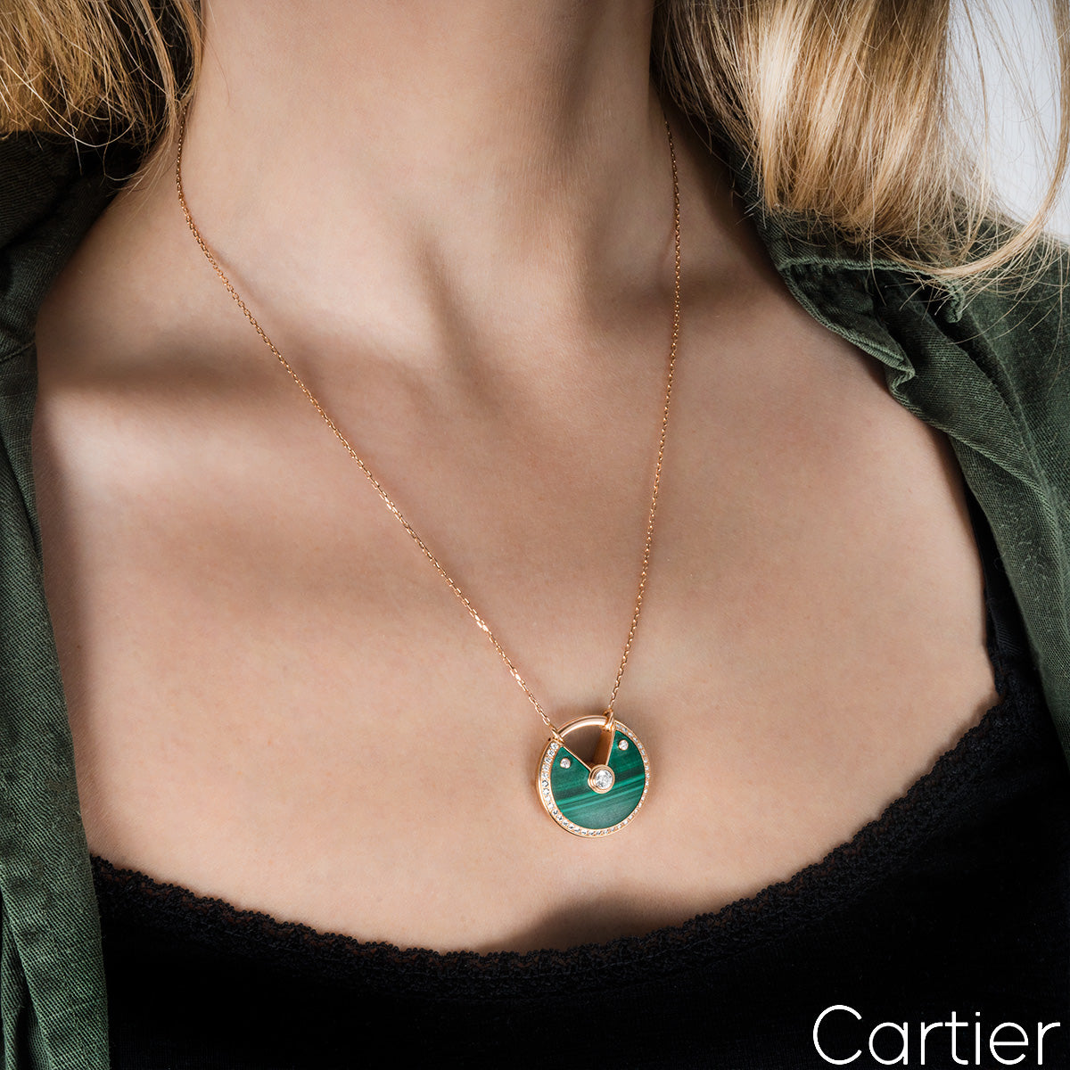 Cartier Rose Gold Malachite & Diamond Amulette De Cartier Necklace