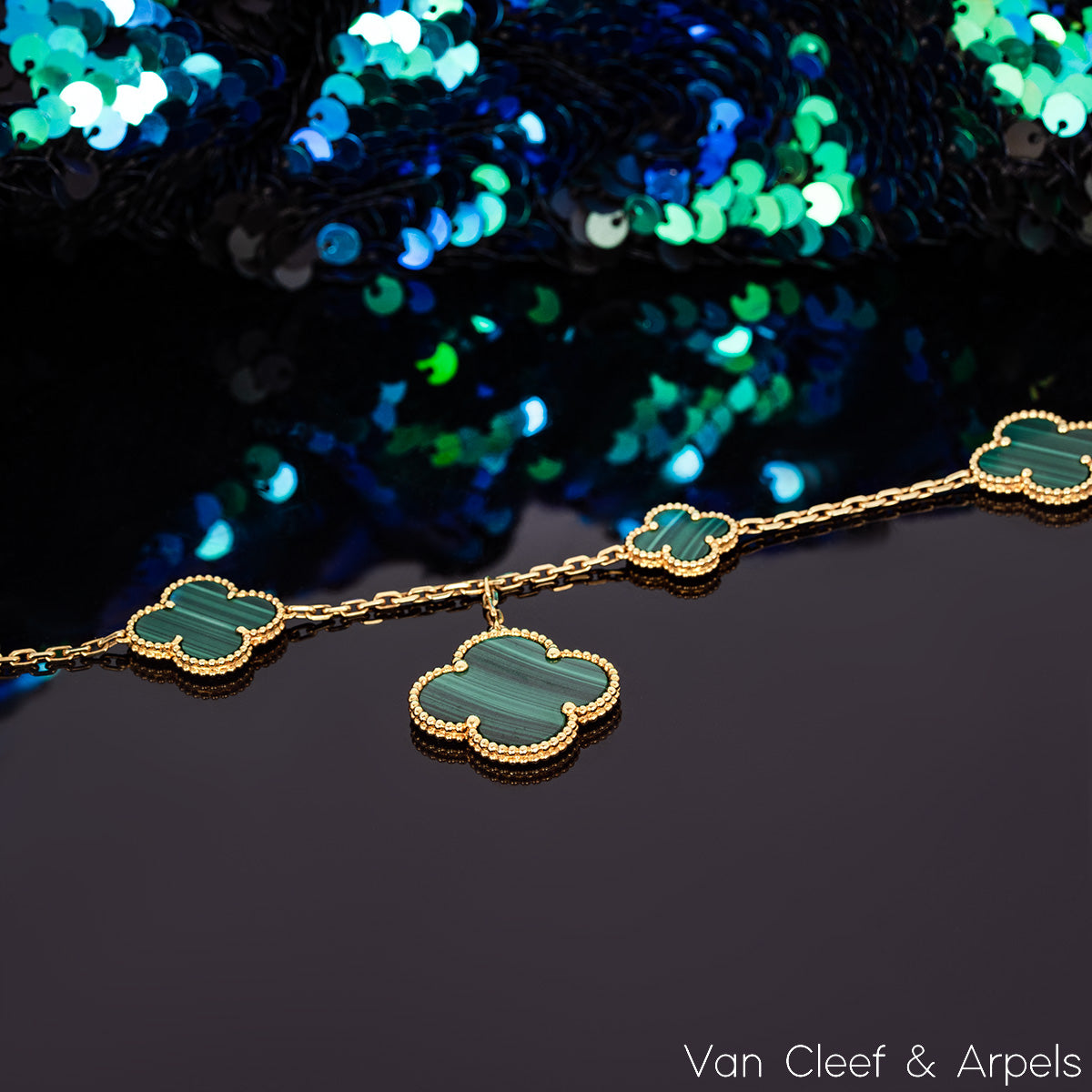 Van Cleef & Arpels Yellow Gold Malachite Magic Alhambra 5 Motif Bracelet VCAO3AU00