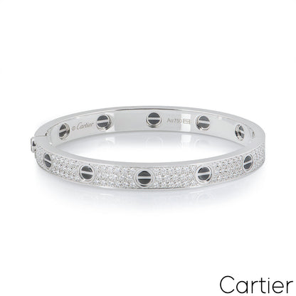 Cartier White Gold Pave Diamond & Ceramic Love Bracelet Size 21 N6032421