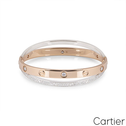 Cartier Rose & White Gold Diamond Pave Double Love Bracelet Size 17 N6039217