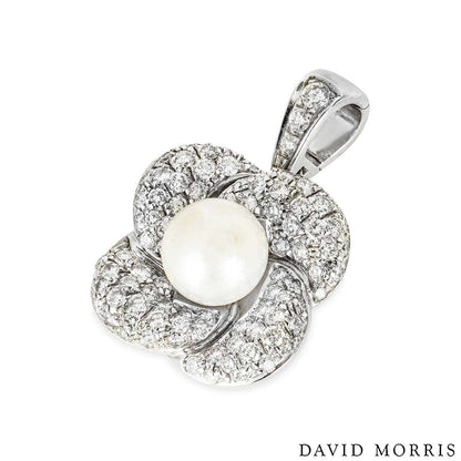 David Morris White Gold Diamond & Pearl Flower Pendant 1.54CT Tdw